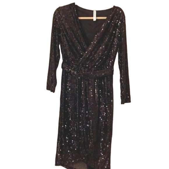 TICKLED TEAL Sequins Wrap Dress Sz S BLACK V-neck V Front Shiny Cocktail Party - Picture 6 of 16